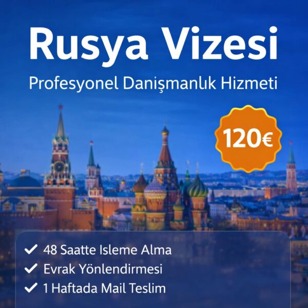 Rusya vizesi başvurusu için 48 saat içinde işleme alma, evrak yönlendirmesi ve 1 hafta içinde mail ile teslim süreci sunan danışmanlık hizmeti.